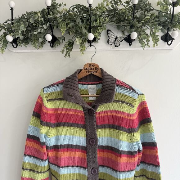 Garnet Hill Striped Multicolor Knit Button Down Sweater Cotton Small Q4885 - Picture 2 of 4